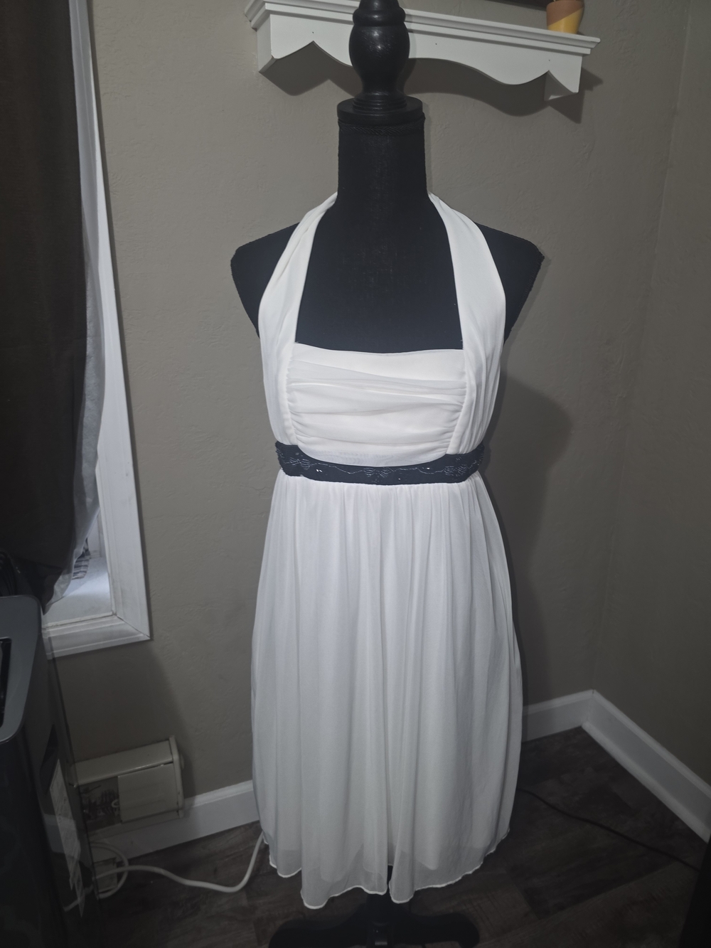 Homecoming City Triangle White Strapless Halter Dress with Navy Waistband